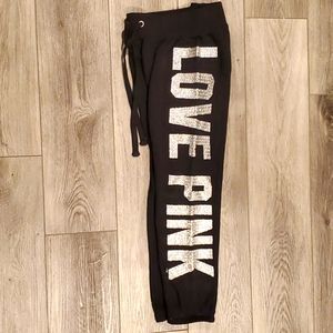 PINK Victoria's Secret Black Joggers with Silver Glitter 'LOVE PINK' Print
